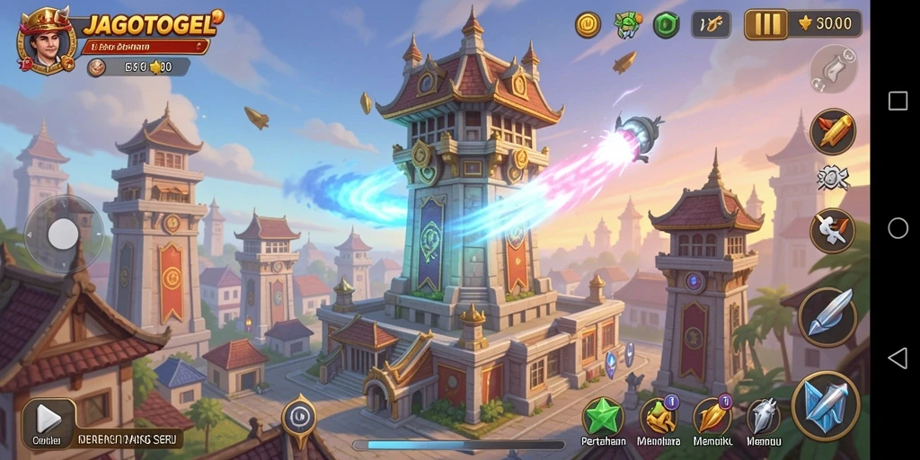 Tangkapan layar gameplay <strong>JAGOTOGEL</strong> menampilkan aksi sengit menara pertahanan.