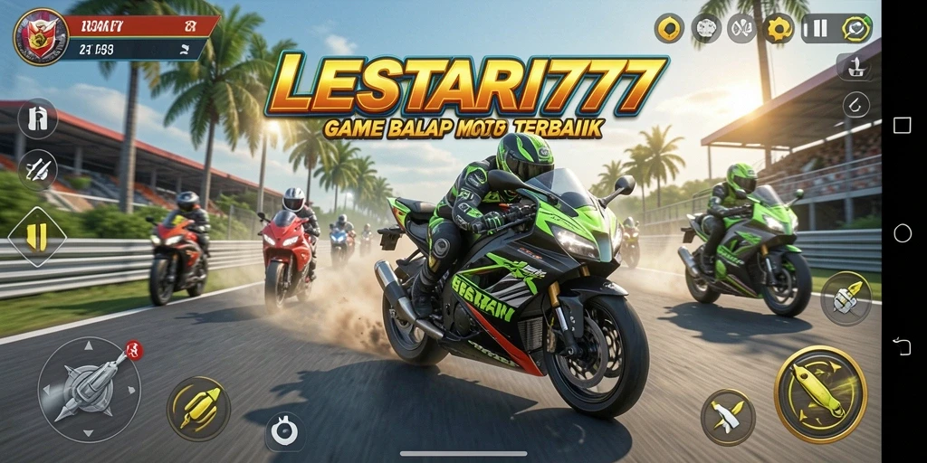 Tampilan gameplay mendebarkan LESTARI777 dengan aksi balap motor.