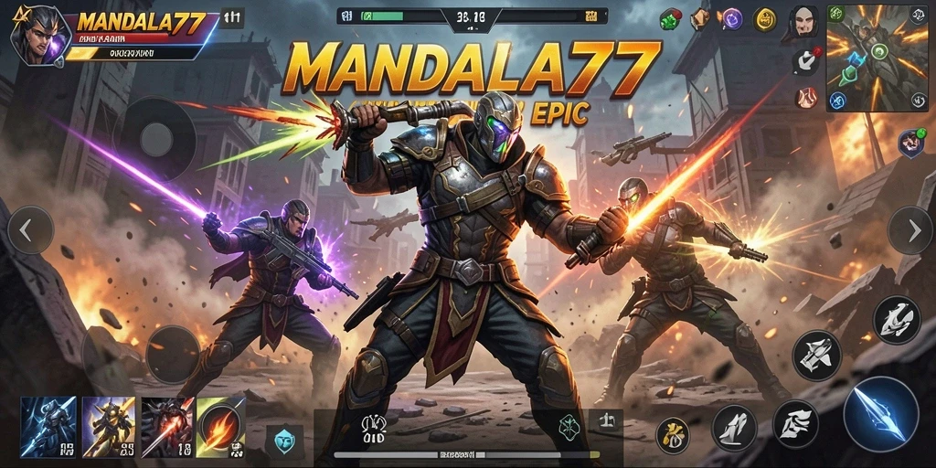 Screenshot MANDALA77 menunjukkan aksi pertarungan mendebarkan yang penuh warna.