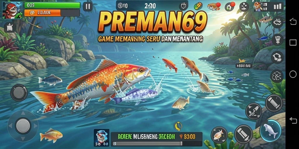 Screenshot menunjukkan pemain menangkap ikan di danau yang indah.